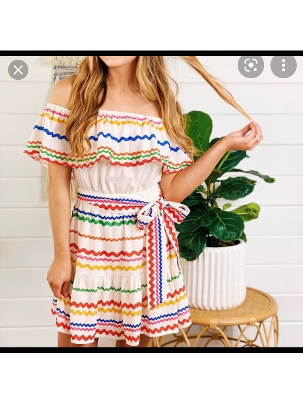 Flying Tomato Off-Shoulder White Sundress with Ric Rac Rainbow Wavy Stripes - Picture 11 of 12